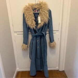 Urban Outfitters Blue and Cream Women's Coat with Faux Fur Trim Penny Lane Style